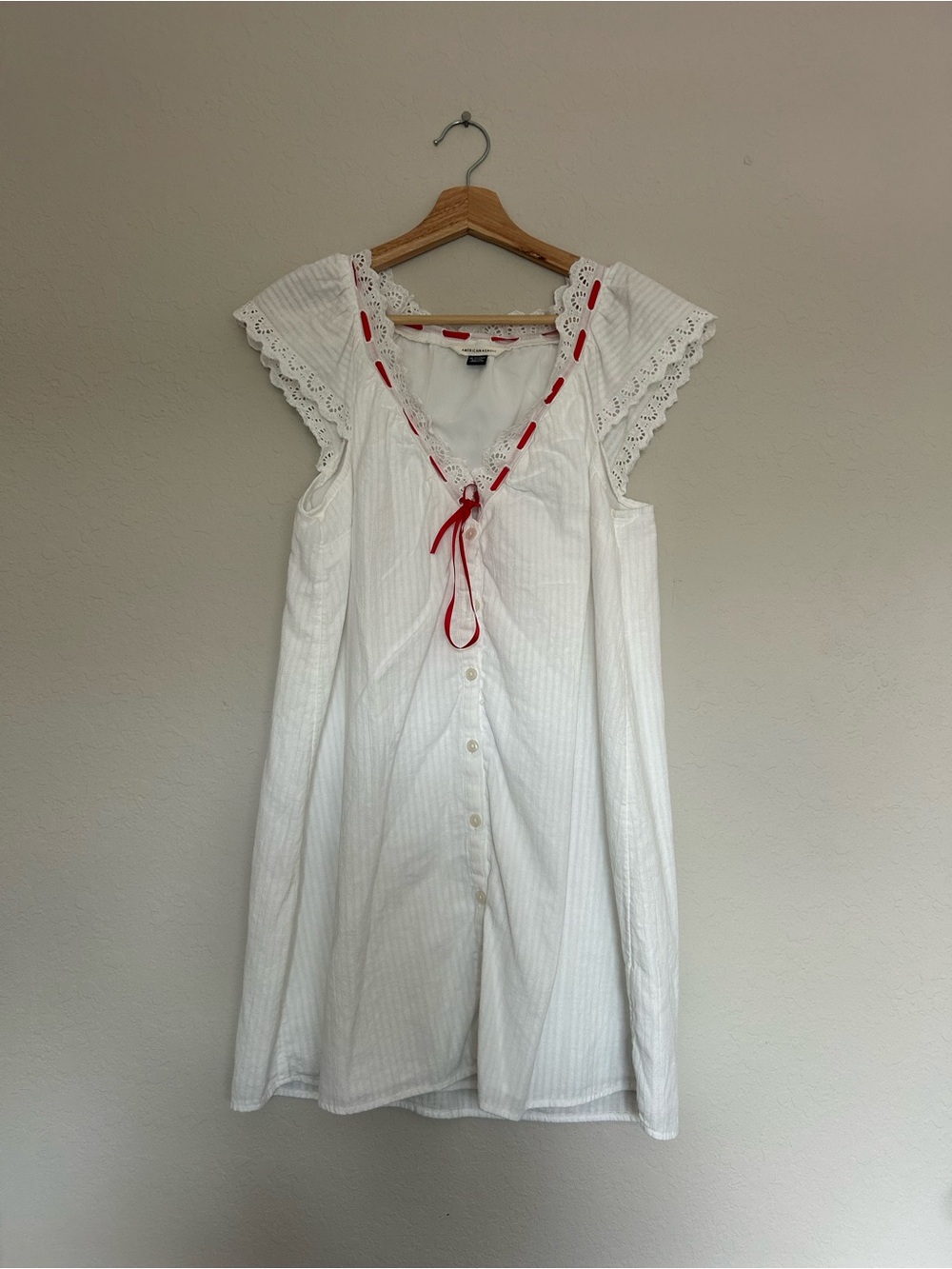 American Eagle White Cotton Babydoll Dress with Red Ribbon Trim